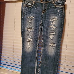Silver slim bootcut low rise distressed jeans